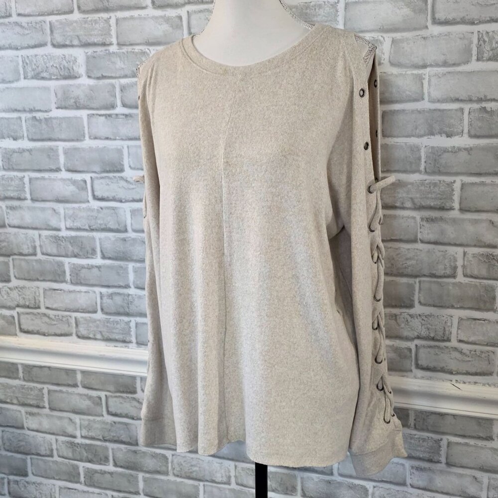 BKE Buckle Open Shoulder Cross Tie Arm Sweater NEW Lg Cozy Casual Cabincore